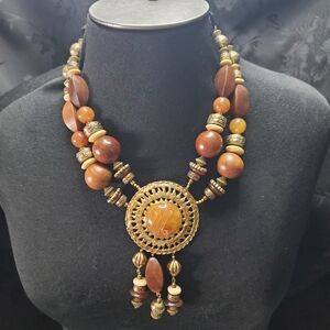 Vintage Necklace Wood Beads Neutral Boho Orange Brown Chunky Statement